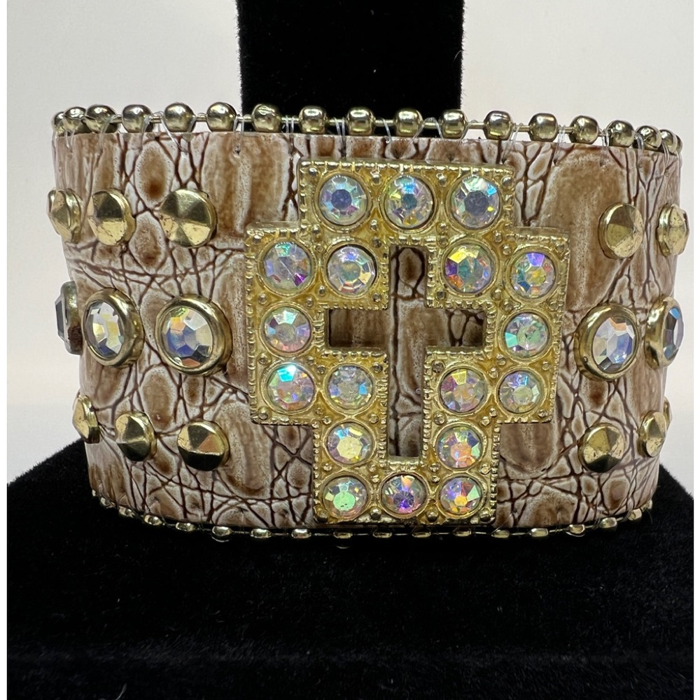 Leather and Aurora Borealis Rhinestone Adjustable Cross Bracelet